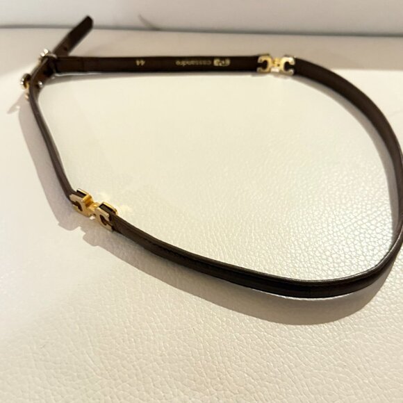 VINTAGE CASSANDRE PARIS BROWN LEATHER SKINNNY BELT GOLD TONE LOGO BUCKLE SIZE 44 main image 4
